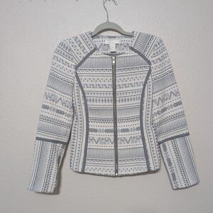 H&M Grey and white Geometric Jacquard Weave Tribal Print Moto Jacket